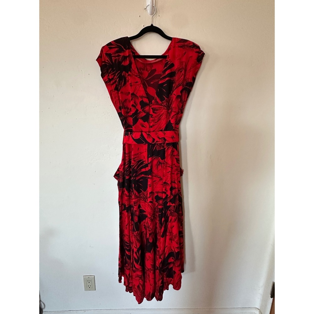Joni Blair of California Vintage Red Black Floral Belted Midi Dress Size 9 - Picture 14 of 16